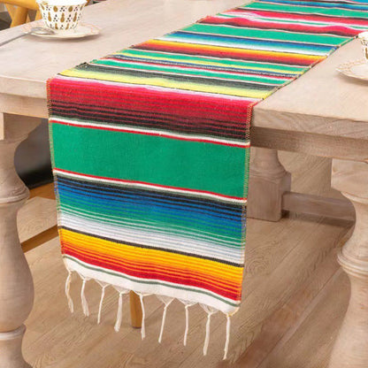 Mexican Serape Table Runner with Tassels for Party Wedding Outdoor Picnic Decor Multicolor Green