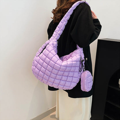 Puffer Tote Bag Quilted Puffy Crossbody Carryall Handbag Purple