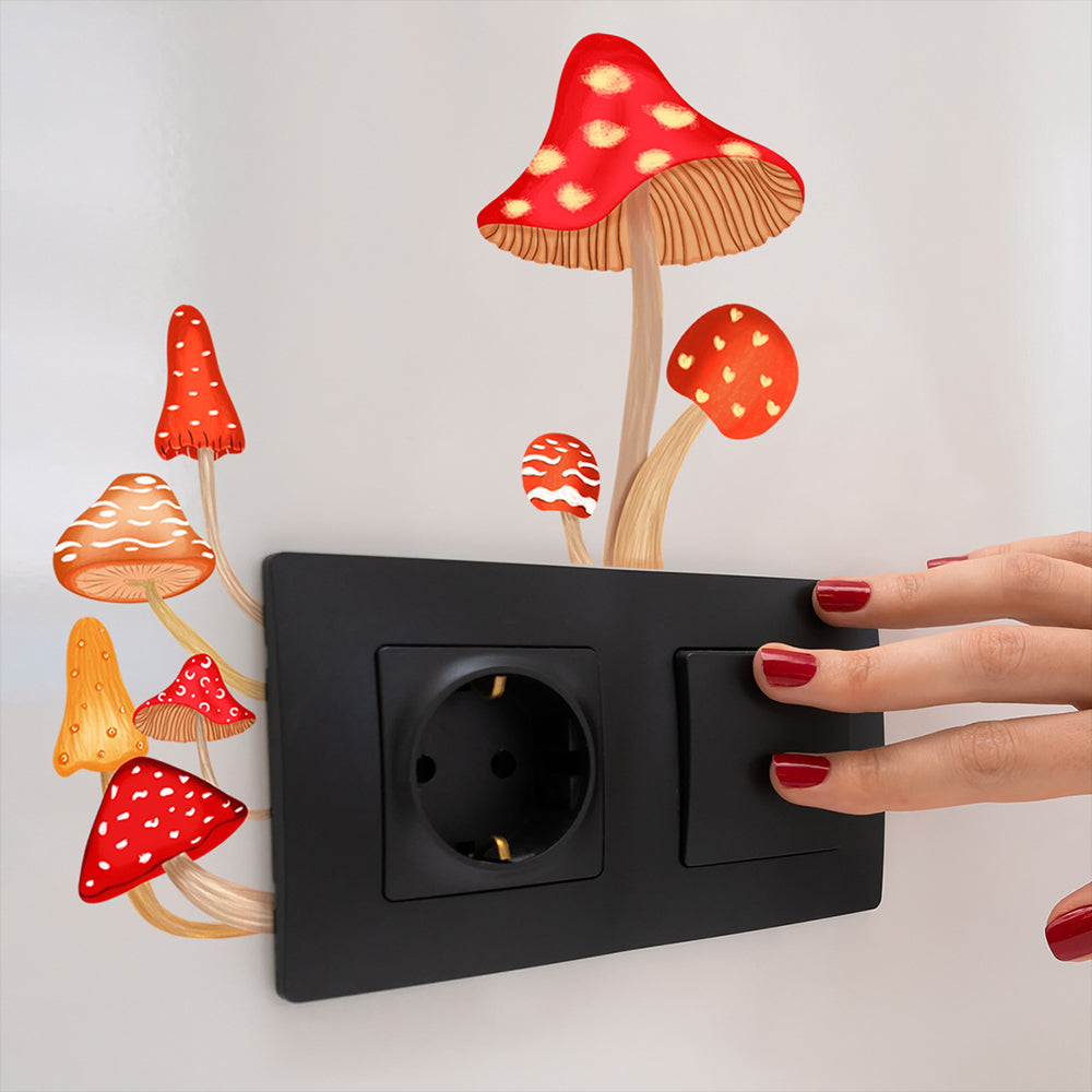 2Pcs Glow in The Dark Mushroom Wall Sticker Luminous Mushroom Light Switch Decals -Red