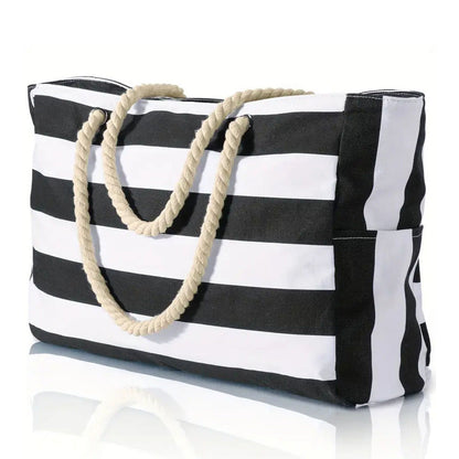 Large Striped Zipper Beach Tote Bag for Travel & Outdoor Vacations Black