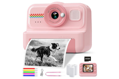 boy and girls Camera Instant Print 1080P Selfie Digital Camera with 64GB Card-Pink
