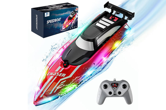RC Boat for Little Ones with LED Lights 2.4Ghz Remote Control Racing Boats for Ages 6-Red