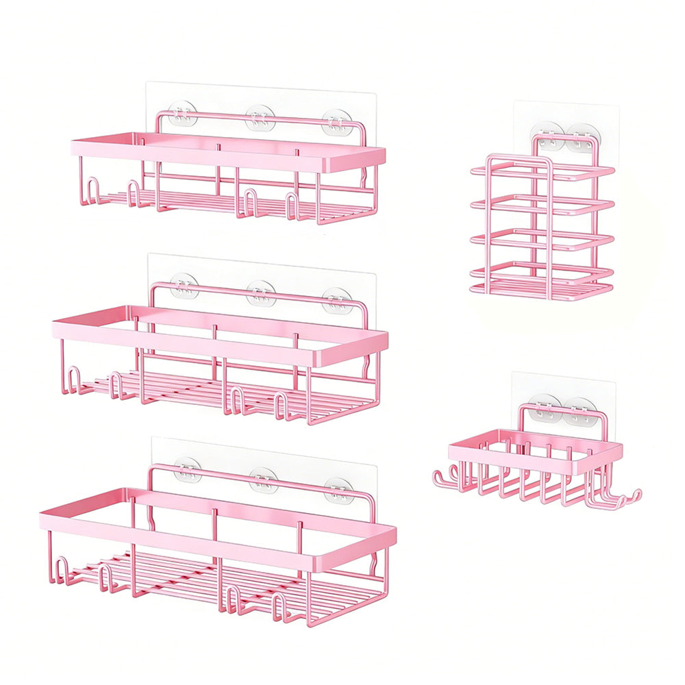 5Pcs Shower Caddy Adhesive Bathroom Wall Organizer Rack-Pink