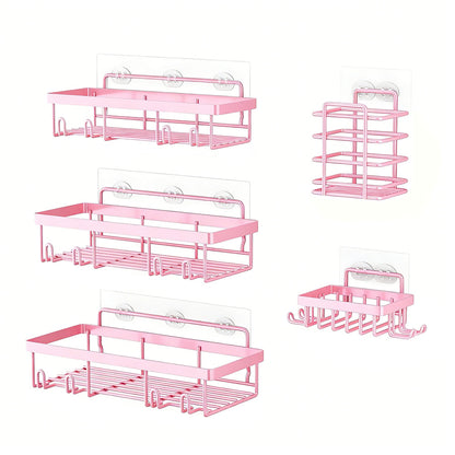 5Pcs Shower Caddy Adhesive Bathroom Wall Organizer Rack-Pink