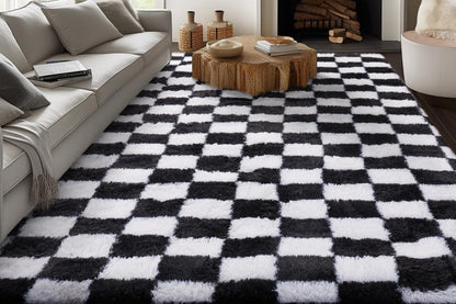 Checkered Plush Shaggy Rug Non Slip Carpet - Black