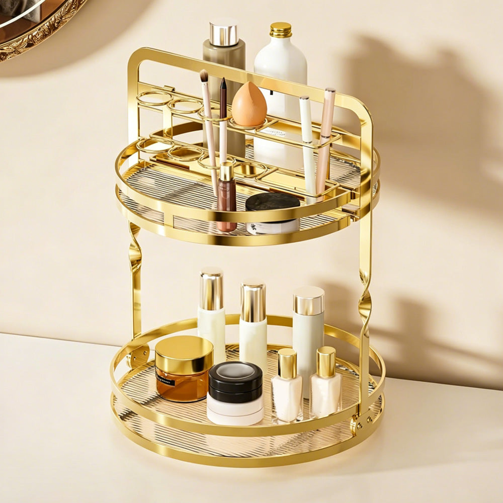 Rotating Makeup Organizer Double Layer with Brush Holder for Skincare Perfume-Gold