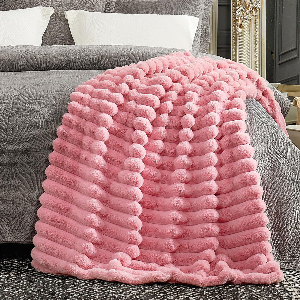 Cozy Plush Throw Blanket Fuzzy Bubble Blanket for Sofa Bedroom Living Room Pink