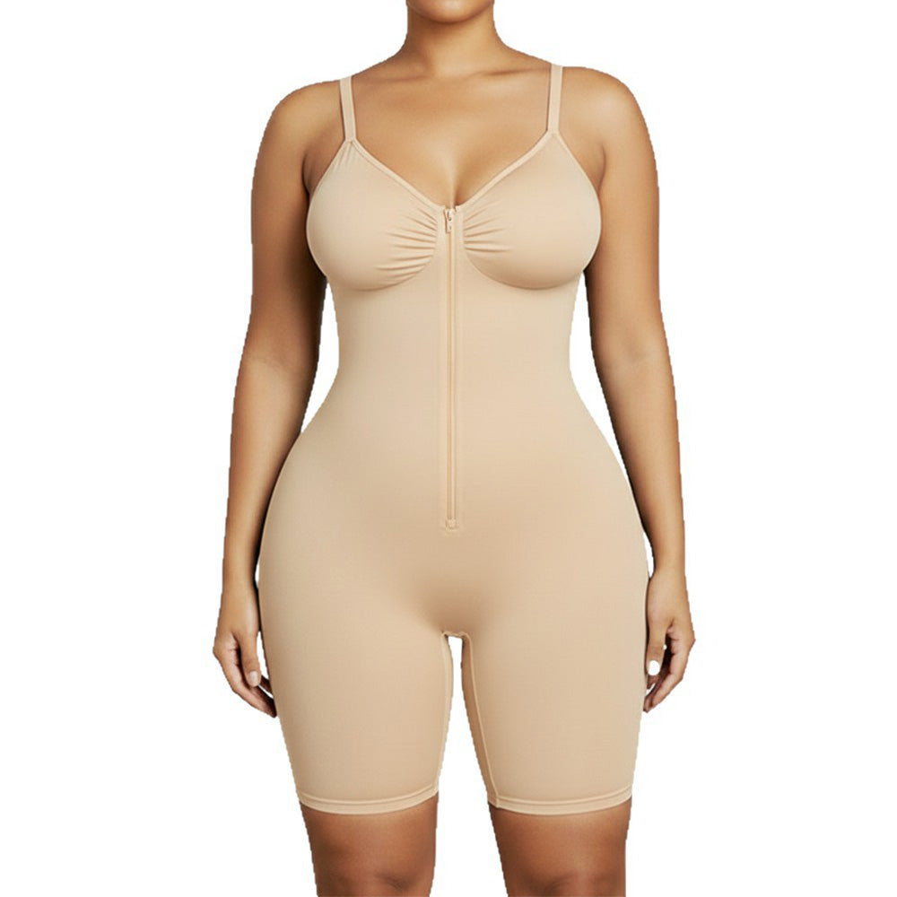 Shaping Bodysuit with Front Zipper Hook and Adjustable Straps - Nude