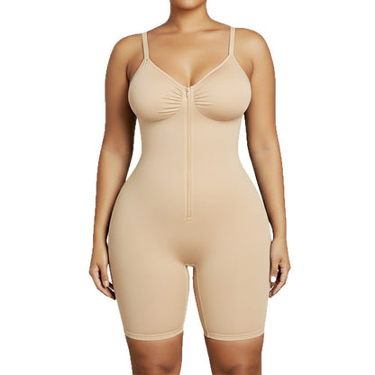 Shaping Bodysuit with Front Zipper Hook and Adjustable Straps - Nude