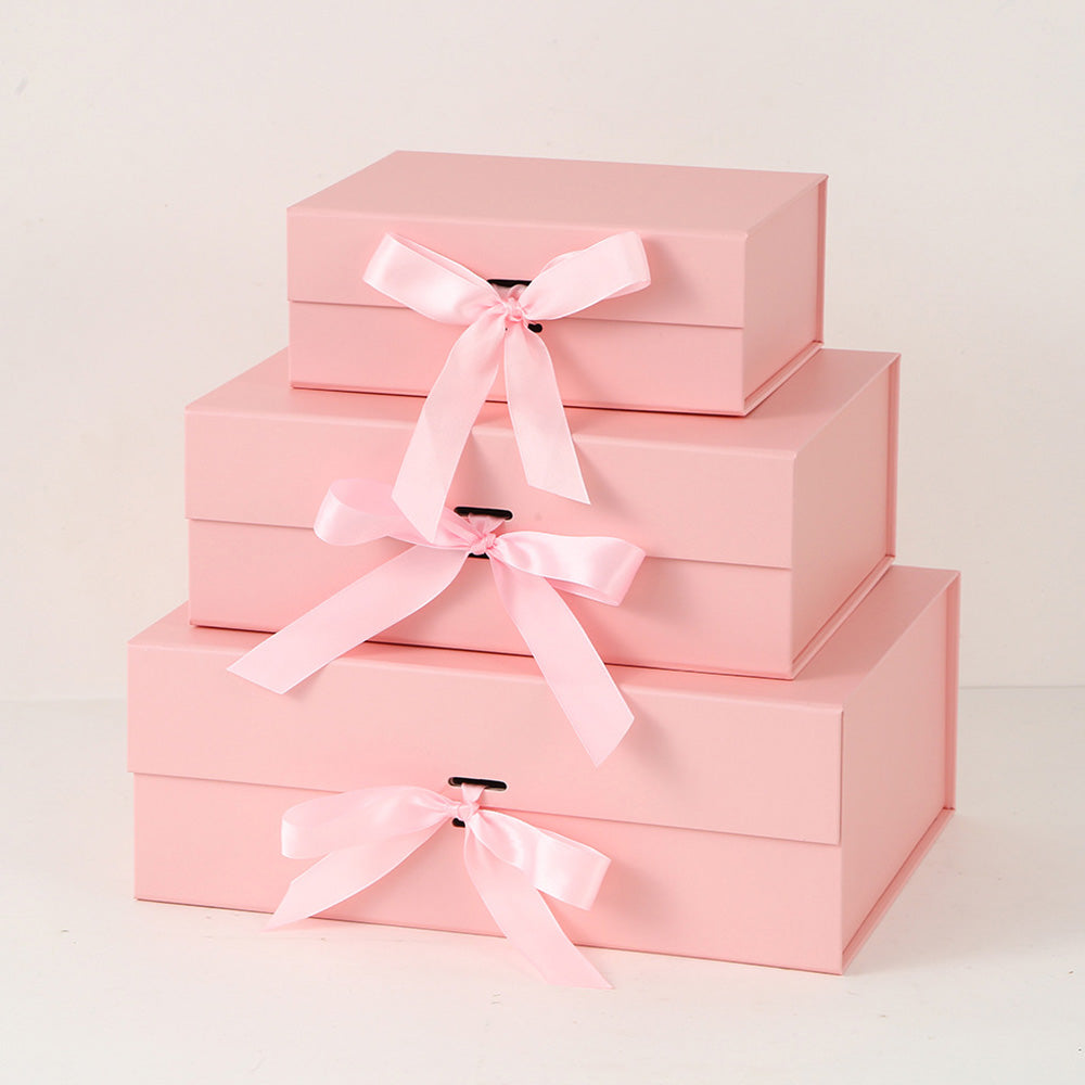Luxury Foldable Gift Box with Easy Attached Lid and Ribbon - Pink