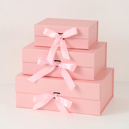 Luxury Foldable Gift Box with Easy Attached Lid and Ribbon - Pink