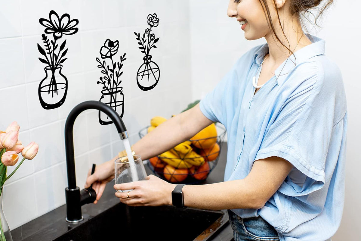 3Pcs Metal Flowers Wall Art Wall Decor Sculptures Hanging for Kitchen Living Room -Black Flowers