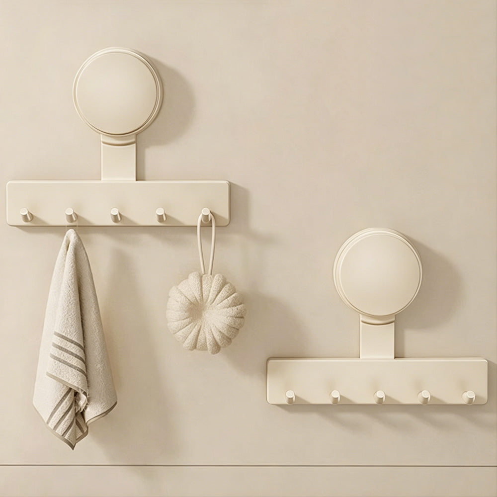 5 Hook Suction Cup Towel Rack Wall Mounted No Drill Bathroom Holder for Shower-White