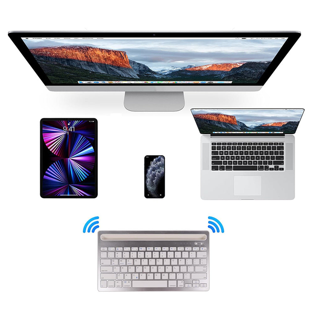 Wireless Keyboard with Phone and Tablet Stand for Windows MacOS iOS iPad-Silver