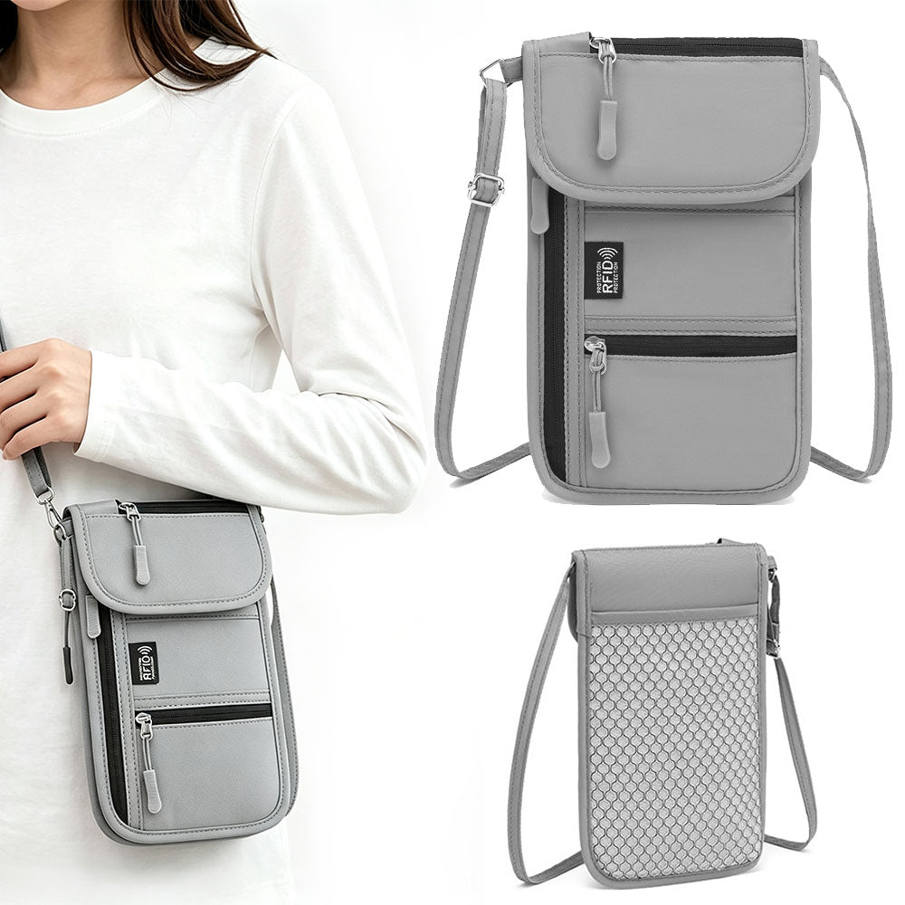 RFID Lined Travel Passport Holder Neck Wallet- Grey