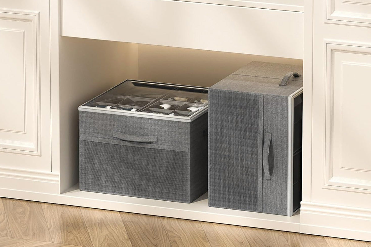 Shoe Organizer Foldable Shoe Storage Containers with Dividers and Lid -Grey