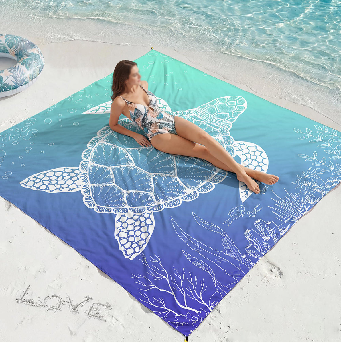 Waterproof Beach Mat Picnic Blanket with Stakes - Blue