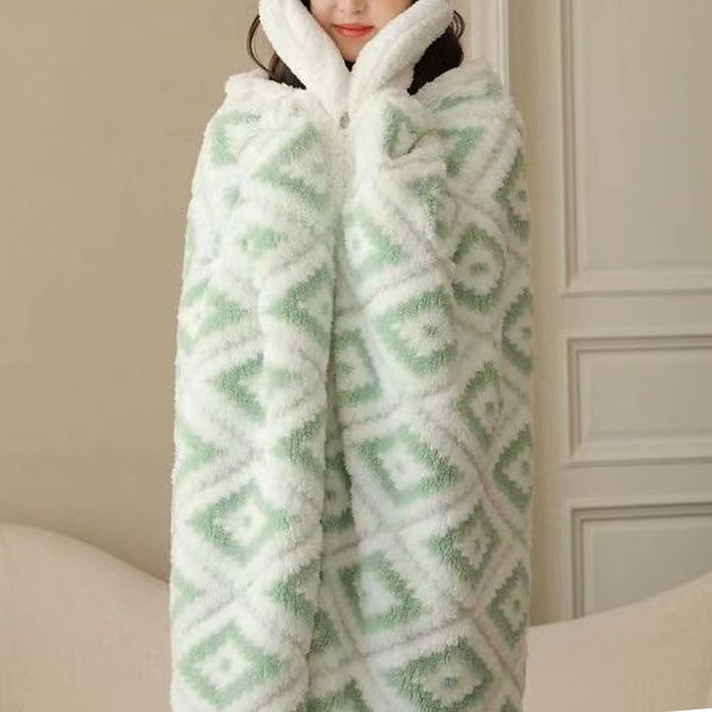 Winter Warm Blanket Jacquard Thickened Multi-Functional Blanket with Hood and Gloves Green