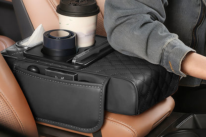 Car Armrest Cushion Organizer with Cup Holder Center Console Booster Pad-Black