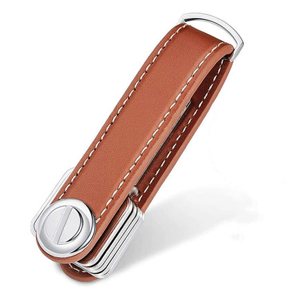 Leather Smart Key Holder Folding Key Organizer Clip Compact Keychain -Brown