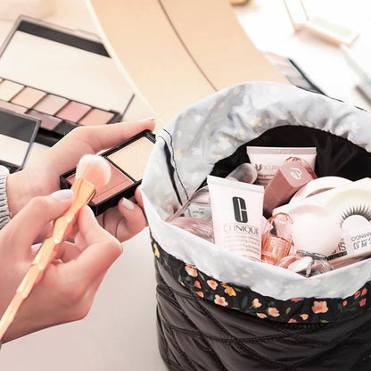 Stylish Barrel Drawstring Makeup Bag Travel Cosmetic Bags Toiletry Organizer Black