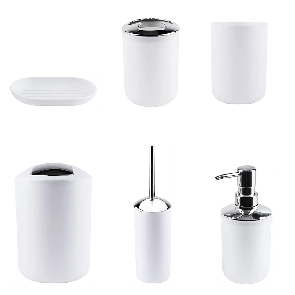 6 Piece Bathroom Accessories Set Soap Dish Soap Dispenser Toothbrush Holder Toilet Brush Trash Bin-White