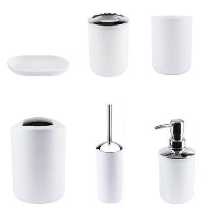 6 Piece Bathroom Accessories Set Soap Dish Soap Dispenser Toothbrush Holder Toilet Brush Trash Bin-White