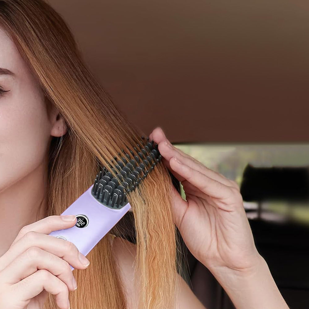 Cordless LCD Hair Straightening Brush 2-in-1 Portable Styling Tool for Travel-Purple