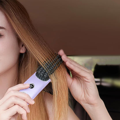 Cordless LCD Hair Straightening Brush 2-in-1 Portable Styling Tool for Travel-Purple