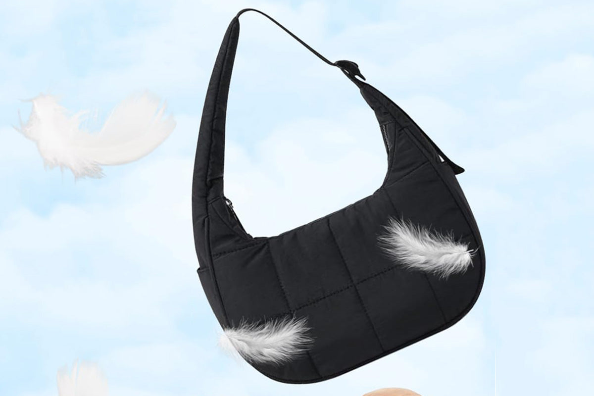 Puffer Crescent Shoulder Bag for Women Quilted Handbag with Adjustable Strap -Black