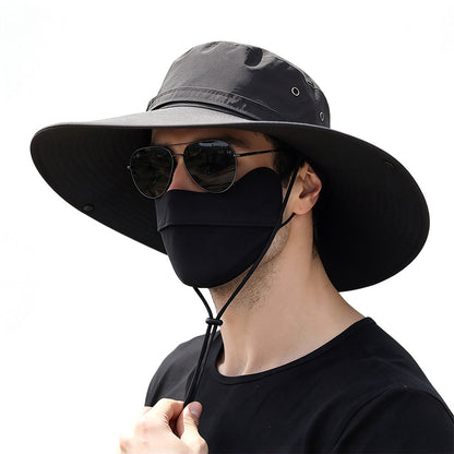 Foldable Wide Brim UV Sun Hat with Wind Strap for Fishing Hiking - Black