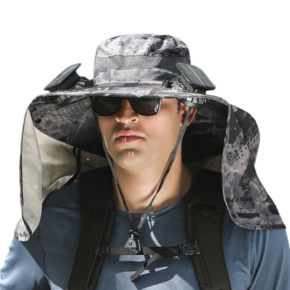 Outdoor Wide Brim Sun Hat with 2 Solar Fan Sun Bucket Hat for Fishing Camping Hiking Patterned Grey