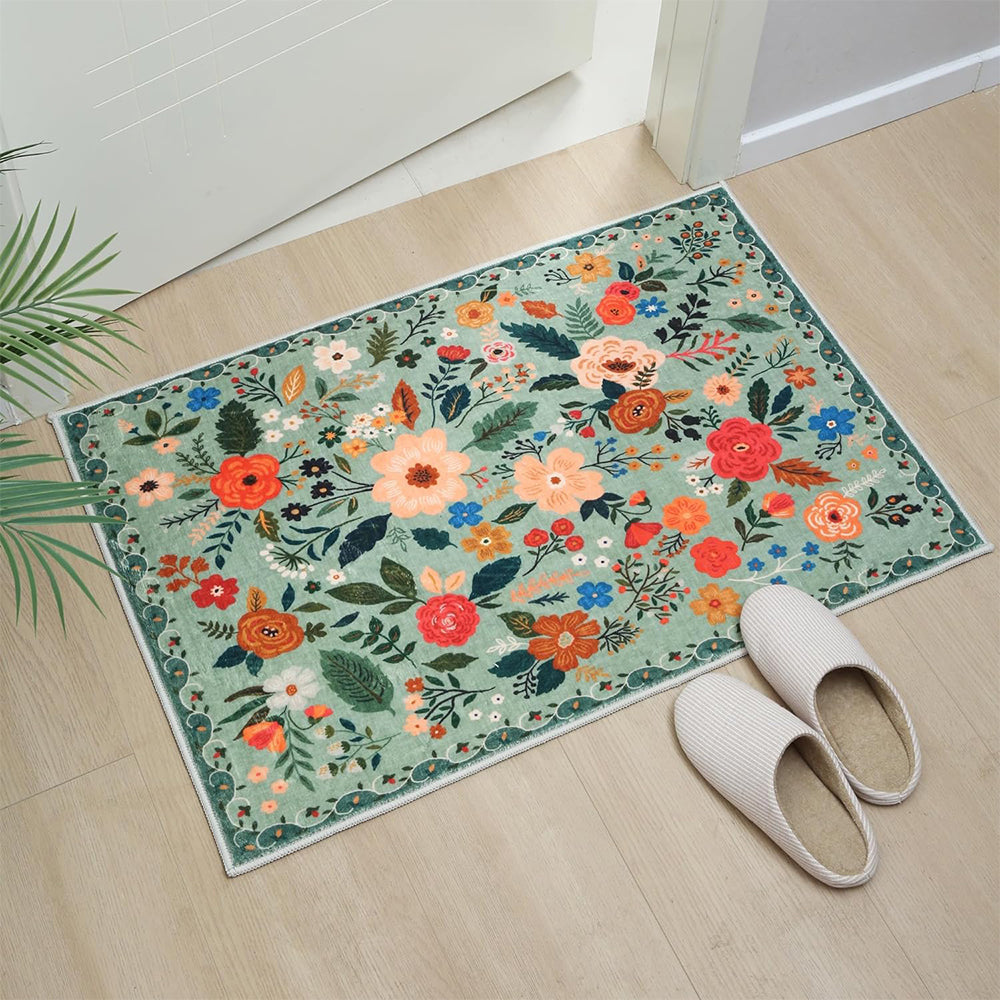 Floral Door Mat Non-slip Floor Mat for Entryway Kitchen Room Green