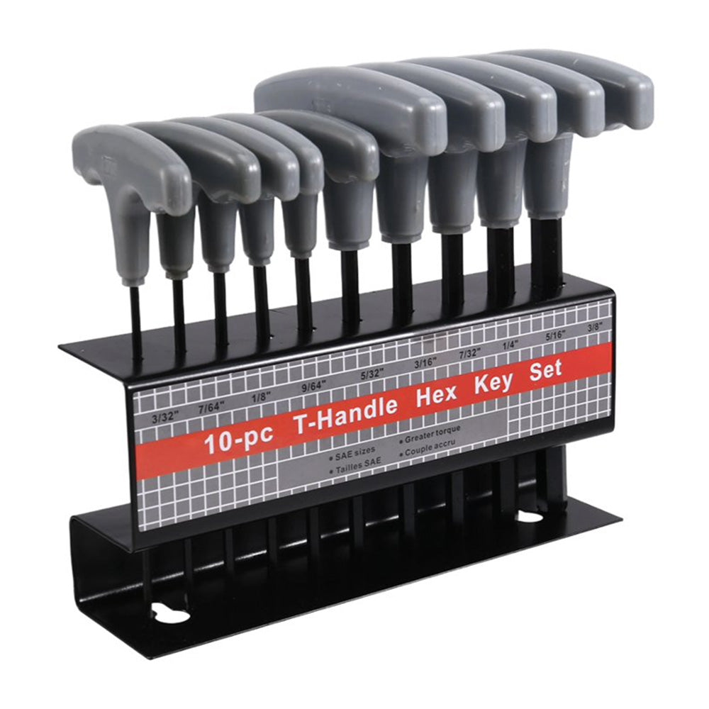 10 Piece CRV T Handle Hex Key Wrench Set with Metal Storage Stand - Grey
