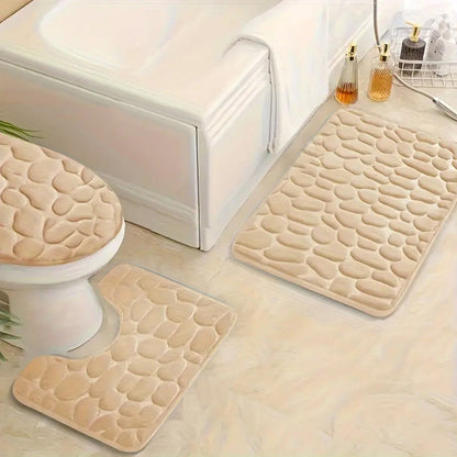 3 Piece Set Bathroom Mats Pebble Pattern Floor Mat Camel