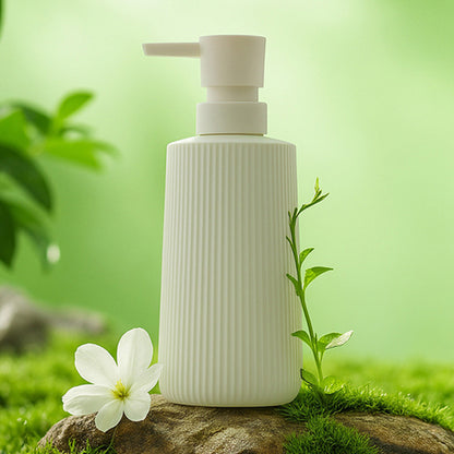 Ribbed Glass Soap Dispenser Set 2 Pack Liquid Pump Bottles for Bathroom White 350ML