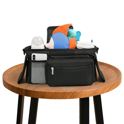 Universal Stroller Organizer with Cup Holder Travel Essential Caddy with Shoulder Strap Black