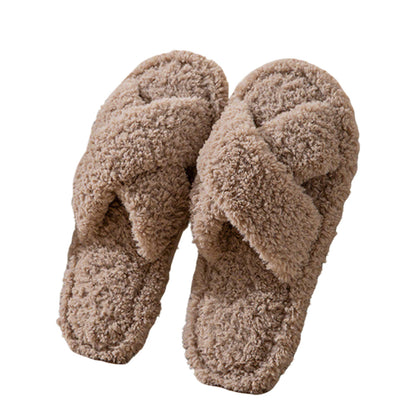 Women Fuzzy Cross Band Slippers Plush Indoor House Shoes Non Slip-Coffee