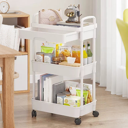 3 Tier Rolling Utility Cart with Removable Drawer for Kitchen Snack Craft-White