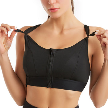 Adjustable Supportive Sports Bra with Front Zipper for Women-Black
