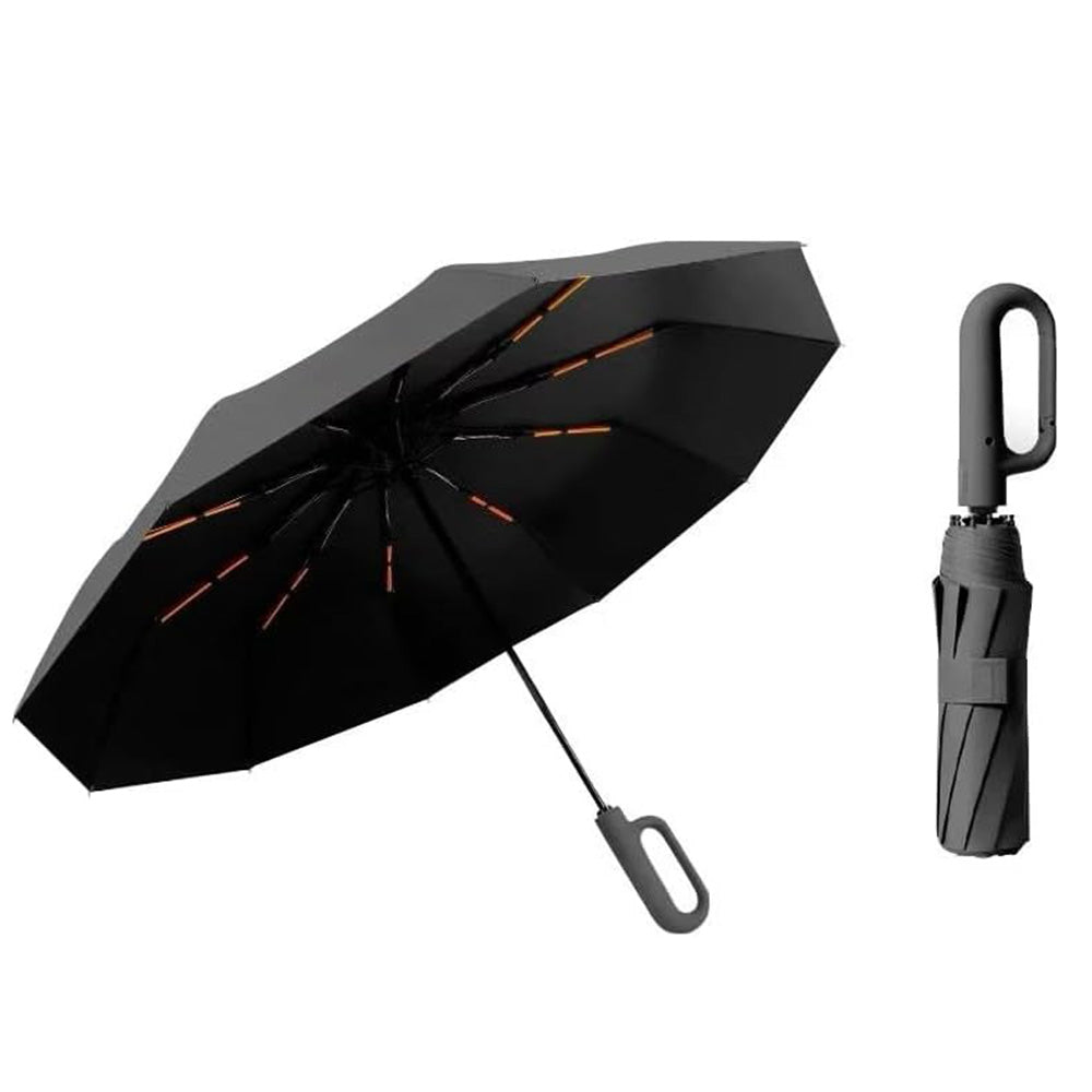 Automatic 10-Rib Folding Umbrella with Carabiner Handle Windproof - Black