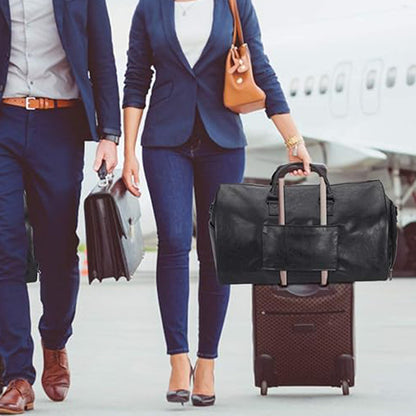 Foldable Carry on Duffel Bag PU Leather Overnight Luggage Bag With Shoes Compartment-Black