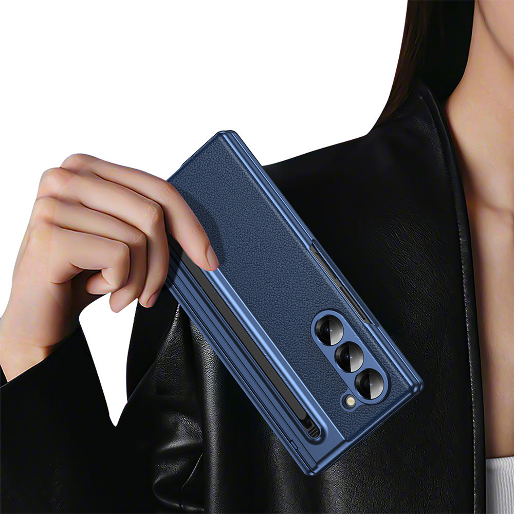 Phone Case for Samsung Z Fold 7 with Pen Holder Full Coverage Hinge Protection-Blue