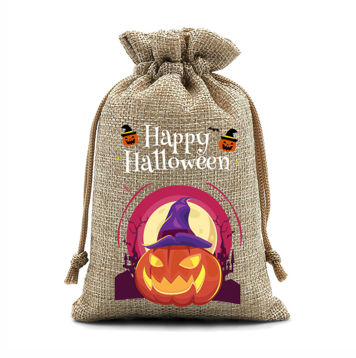 12 Pack Halloween Burlap Drawstring Gift Bags with Pumpkin Ghost Designs - Beige
