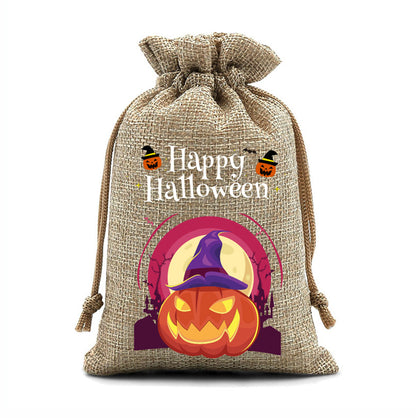 12 Pack Halloween Burlap Drawstring Gift Bags with Pumpkin Ghost Designs - Beige
