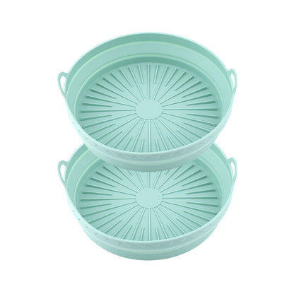 2Pcs Round Foldable Air Fryer Silicone Pot Reusable Baking Tray Basket Mat Oven Accessories Green