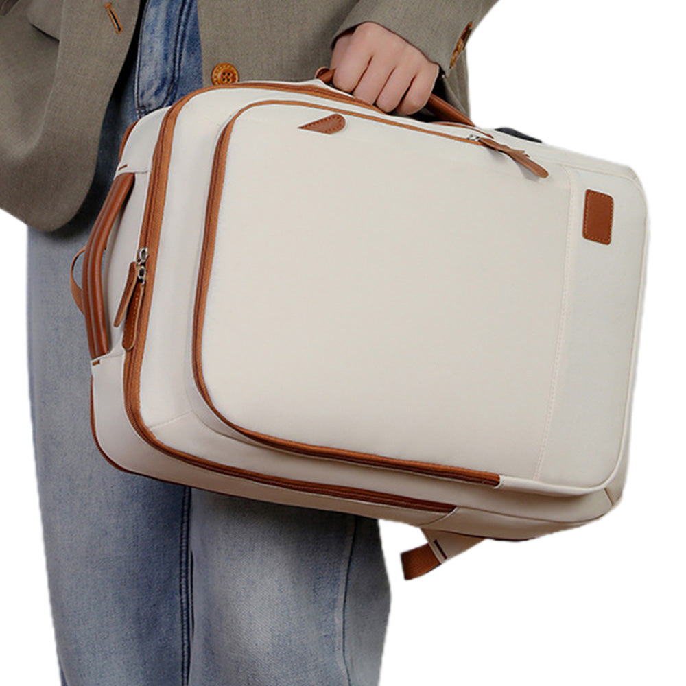 26L Expandable Commuter Backpack Water Resistant Laptop Bag with USB Charging Port Beige