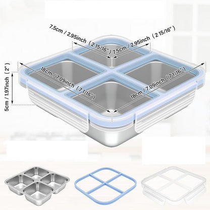 2Pcs Stainless Steel Snack Box With 4 Compartments Divided Meal Prep Container-Blue