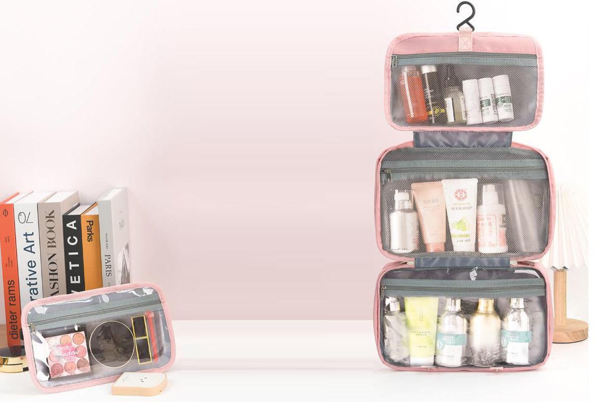 Travel Toiletry Bag Water-resistant with Hanging Hook for Makeup Cosmetic Shampoo -Pink