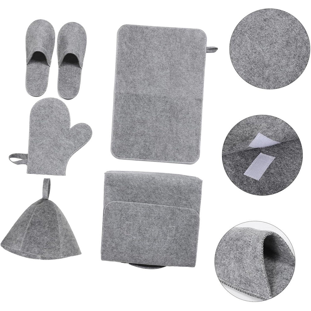 5Pcs Sauna Felt Kit with Hat and Gloves-Grey